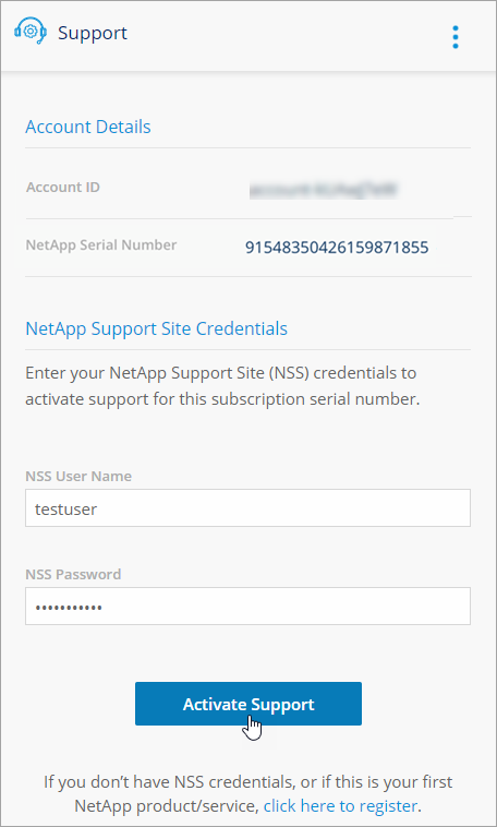 A screenshot of the Support widget that shows the user name and password fields filled out.